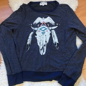WILDFOX navy bull skull/feathers crew pullover